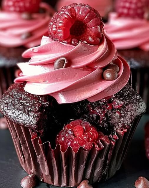 A batch of moist chocolate raspberry cupcakes topped with creamy raspberry buttercream and fresh raspberries.
