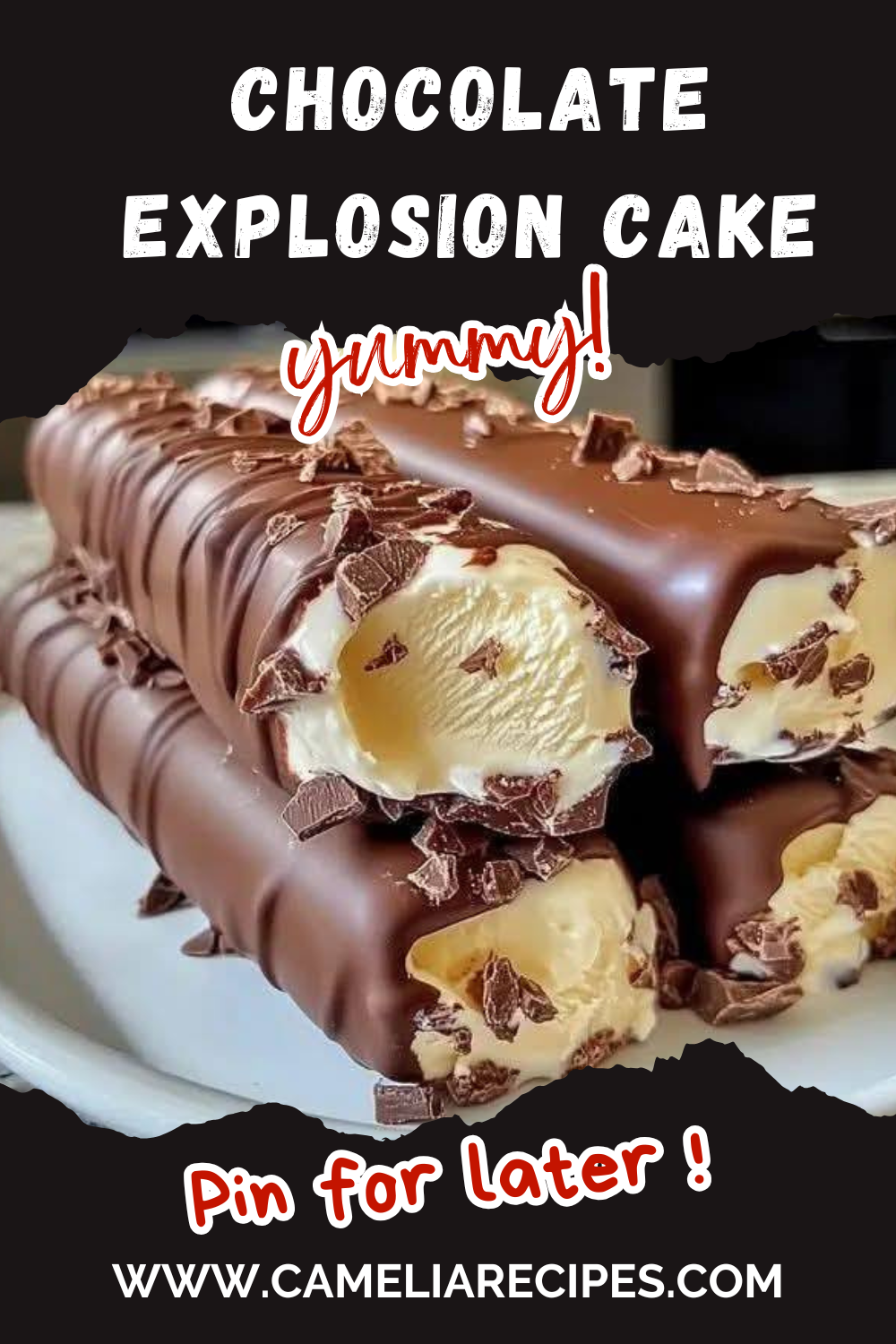 A close-up of a beautifully frosted chocolate explosion cake, with molten chocolate oozing from the center.