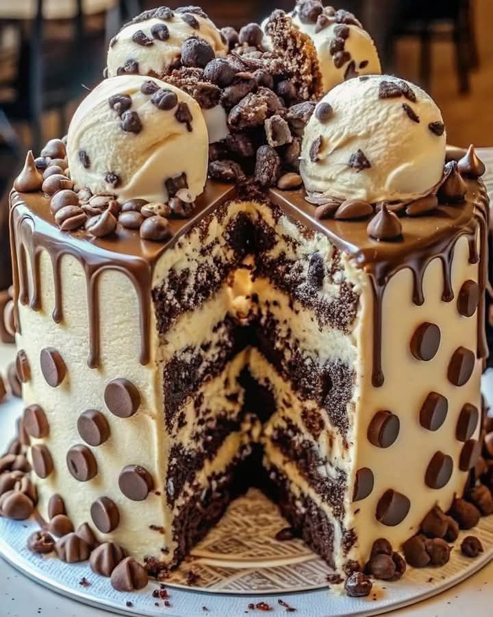 A rich, chocolatey cake layered with ice cream, topped with glossy ganache, mini chocolate chips, crushed Oreos, and chopped candy bars, with a drizzle of chocolate sauce for the perfect finishing touch.