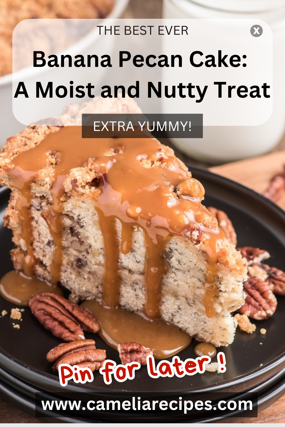 A golden Banana Pecan Cake sits on a rustic wooden board, adorned with creamy cream cheese frosting swirled generously over the top. Chopped pecans and thin banana slices decorate the surface, adding texture and charm. The soft, moist crumb is visible through a slice, showcasing its delicate texture and vibrant flavors.