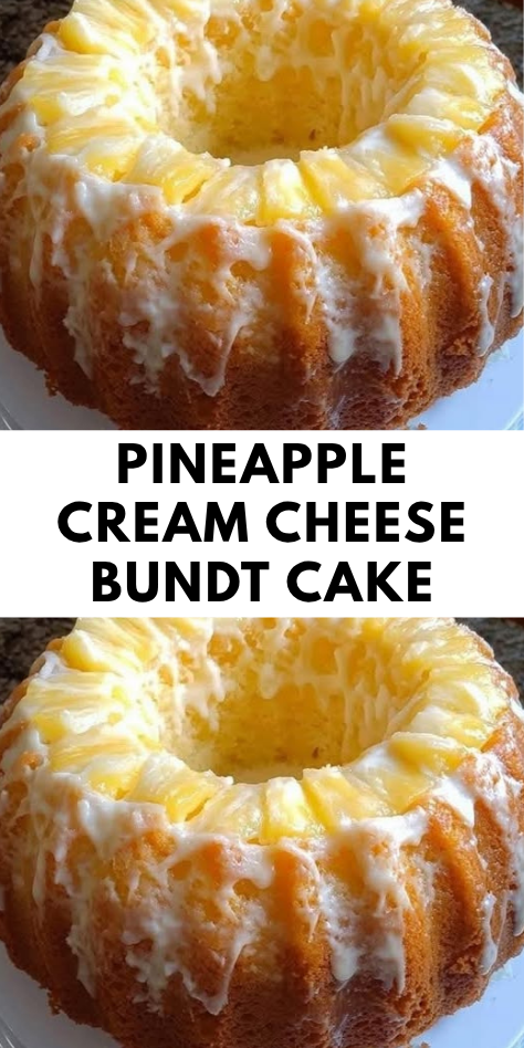A moist pineapple cream cheese Bundt cake drizzled with pineapple glaze and garnished with toasted coconut, styled on a rustic cake stand with tropical décor.