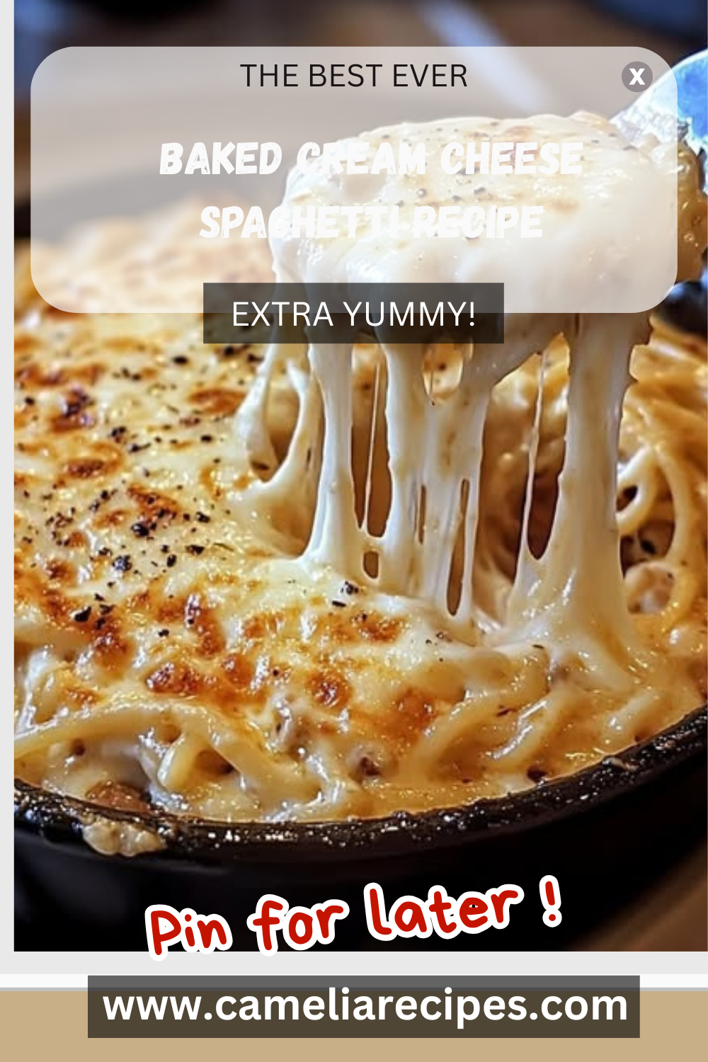 Baked cream cheese spaghetti in a casserole dish with golden melted cheese on top, served with fresh parsley and garlic bread on the side.