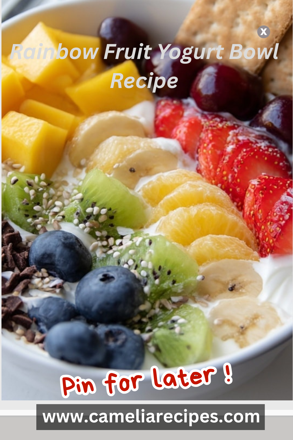 A vibrant and nutritious Rainbow Fruit Yogurt Bowl featuring colorful fruits like strawberries, mango, blueberries, kiwi, and more, arranged beautifully over creamy Greek yogurt.