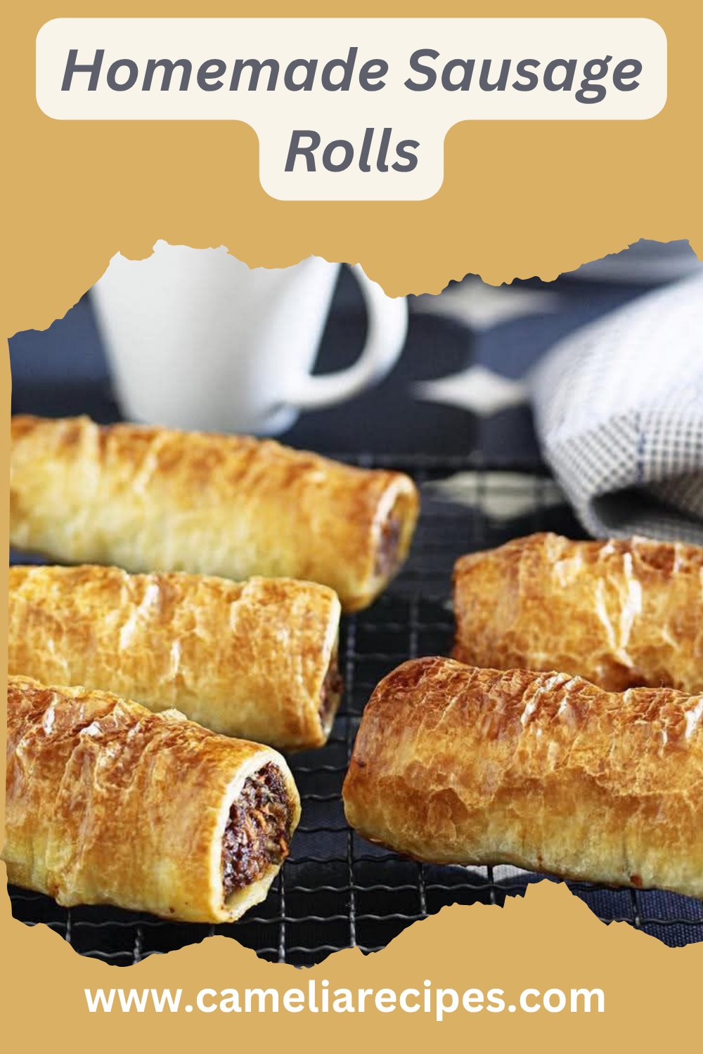 Golden homemade sausage rolls with beef and sausage mince, displayed on a rustic wooden board, ready to serve.