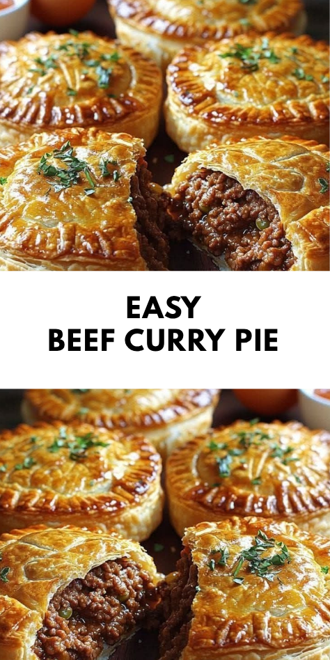Freshly baked Beef Curry Pie with golden, flaky pastry and rich spiced beef filling, served warm for a comforting homemade meal.