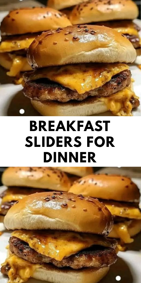 Freshly baked breakfast sliders for dinner with eggs, crispy bacon, and melted cheese on golden dinner rolls 📌 Pinterest Caption: