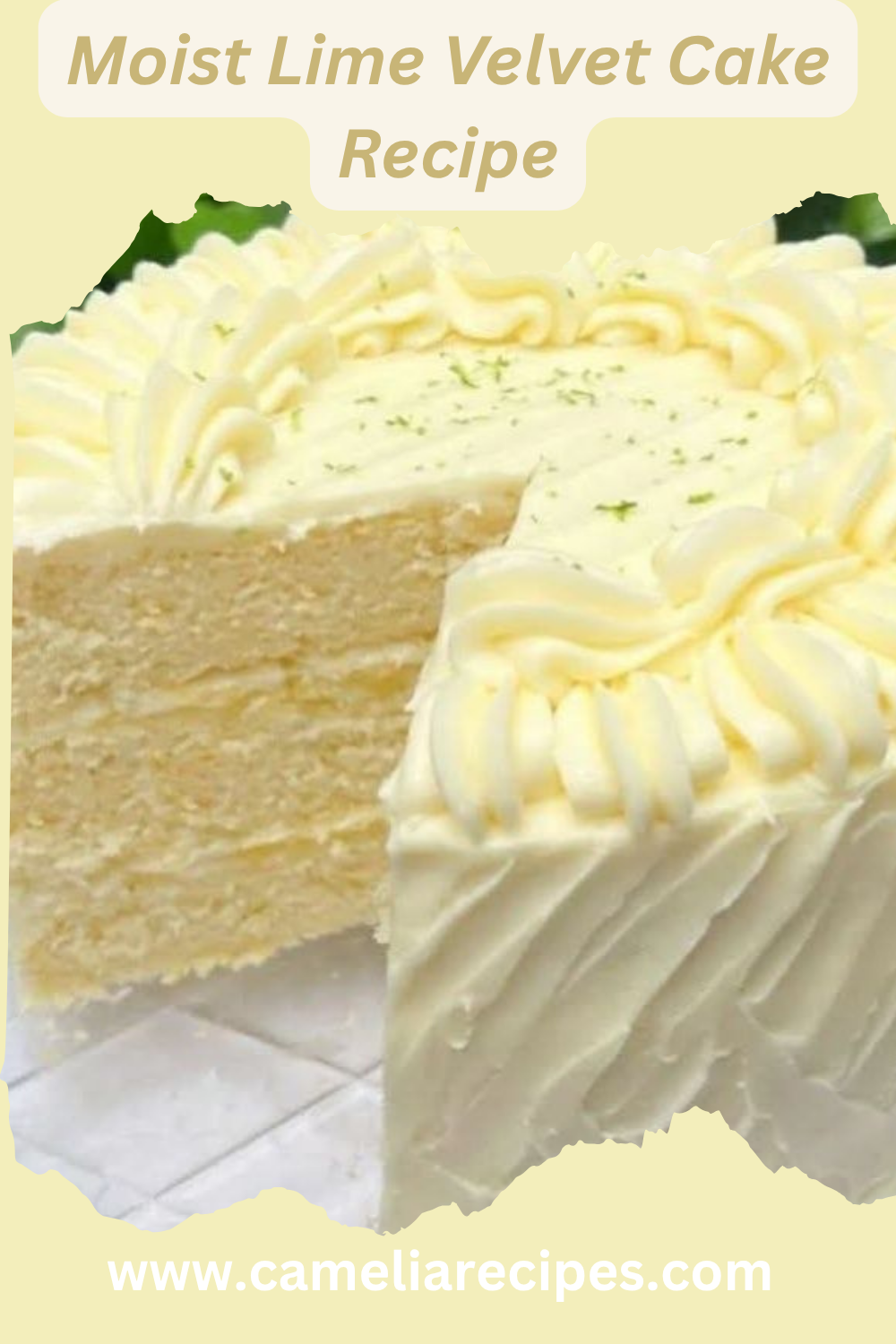 Moist Lime Velvet Cake layered with zesty lime buttercream frosting, garnished with fresh lime zest and slices.