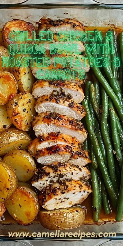 A colorful and healthy bowl featuring grilled chicken, fluffy quinoa, roasted baby potatoes, carrots, and leafy greens—perfect for a nutritious, balanced meal.