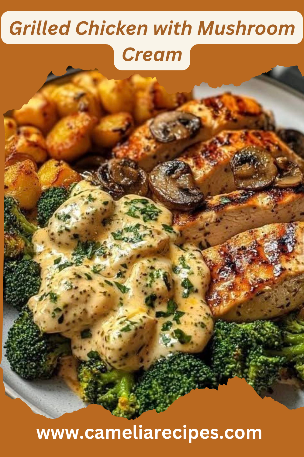 Plate of grilled chicken with mushroom cream sauce served with herb gnocchi, golden roasted baby potatoes, and steamed broccoli