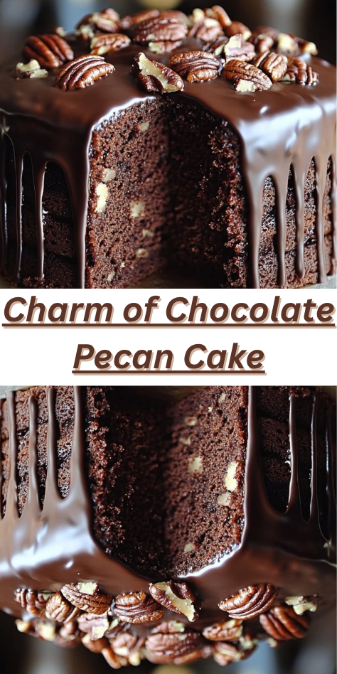 A rich and moist chocolate pecan cake topped with smooth chocolate ganache dripping over the sides on a rustic cake stand.