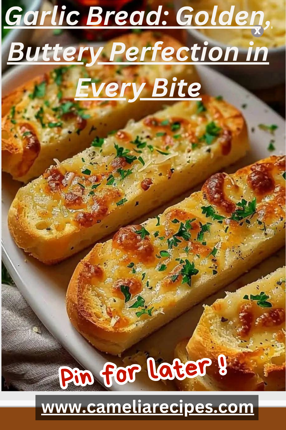 Close-up of golden baked garlic bread slices topped with parsley and melted butter, served on a wooden board.