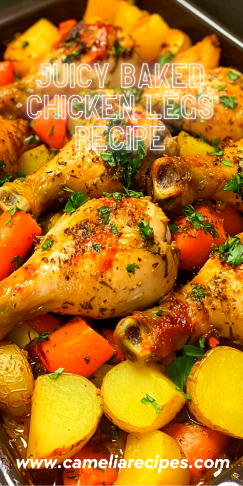 A roasted tray of juicy baked chicken legs with golden garlic potatoes and rustic herby carrots, garnished with fresh parsley.